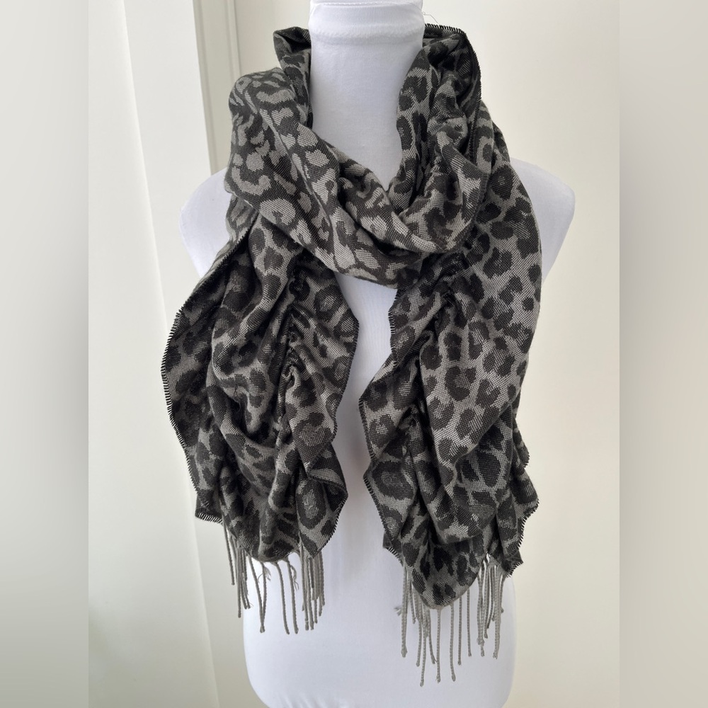 Cashmink Winter Scarf Fringe Grey Animal Print Leopard Gathered Edge Winter Cozy